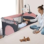 Photo 2 of 5 in 1 Baby Crib, Bedside Cribs, Pack and Play with Bassinet and Changing Table, Portable Travel Baby Playpen with Toys & Music Box,Mattress for Girl Boy Infant Newborn (Pink)