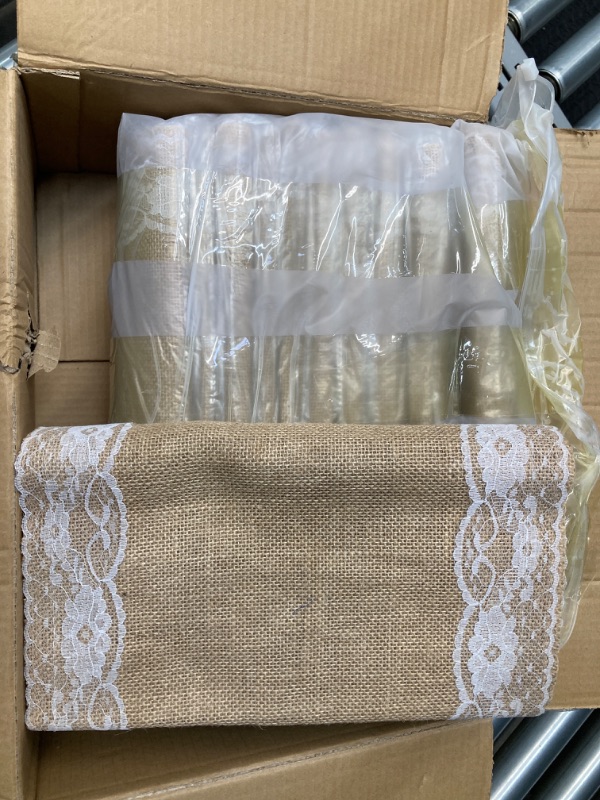 Photo 2 of 12 Pcs Lace Burlap Table Runner 12'' x 72'' Rustic Jute Burlap Table Runner Farmhouse Country Vintage Romantic Fabric Table Cloth for Wedding Birthday Thanksgiving Christmas Party Table(Elegant)