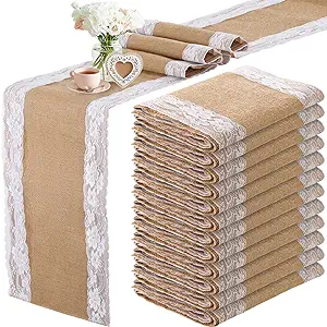 Photo 1 of 12 Pcs Lace Burlap Table Runner 12'' x 72'' Rustic Jute Burlap Table Runner Farmhouse Country Vintage Romantic Fabric Table Cloth for Wedding Birthday Thanksgiving Christmas Party Table(Elegant)