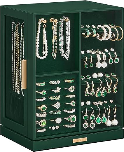 Photo 1 of Jewelry Box 360° Rotating, Jewelry Storage Case with 5 Drawers, Jewelry Organizer, Glass Window, Spacious, Vertical Jewelry Storage, Open Design, Great Gift, Forest Green