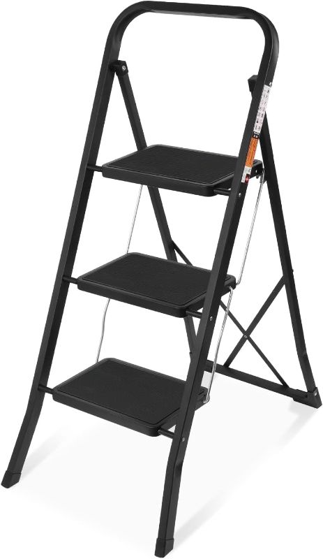 Photo 1 of                    3 Step Ladder, SPIEEK Folding Step Stool with Wide Anti-Slip Pedal, 330lbs Capacity Portable Lightweight Ladders for Home Kitchen Outdoor, White 