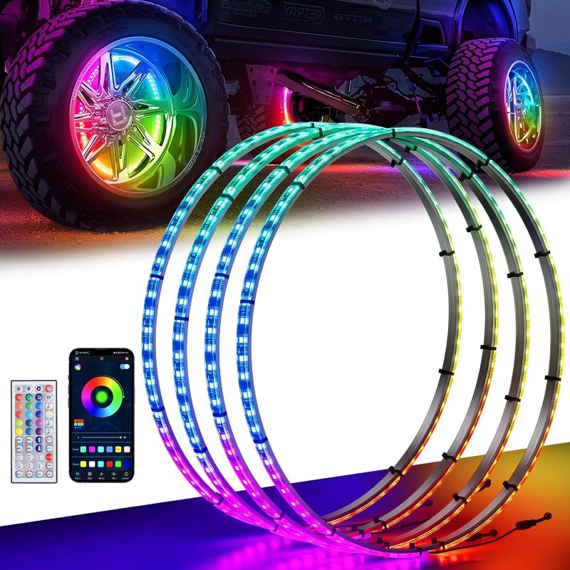 Photo 1 of NCTCYO 4pcs 17.5" Wheel Lights for Truck/Car/ATV/UTV Dream Color Chasing Dancing Flow Brightest Led Rim Wheel Ring Lights W/Turn Signal and Braking Function Controlled by Remote and App