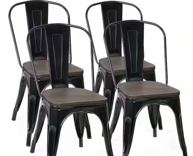 Photo 4 of Set of 4, Metal Dining Chair Stackable with Wood Cushion in Black & Coffee