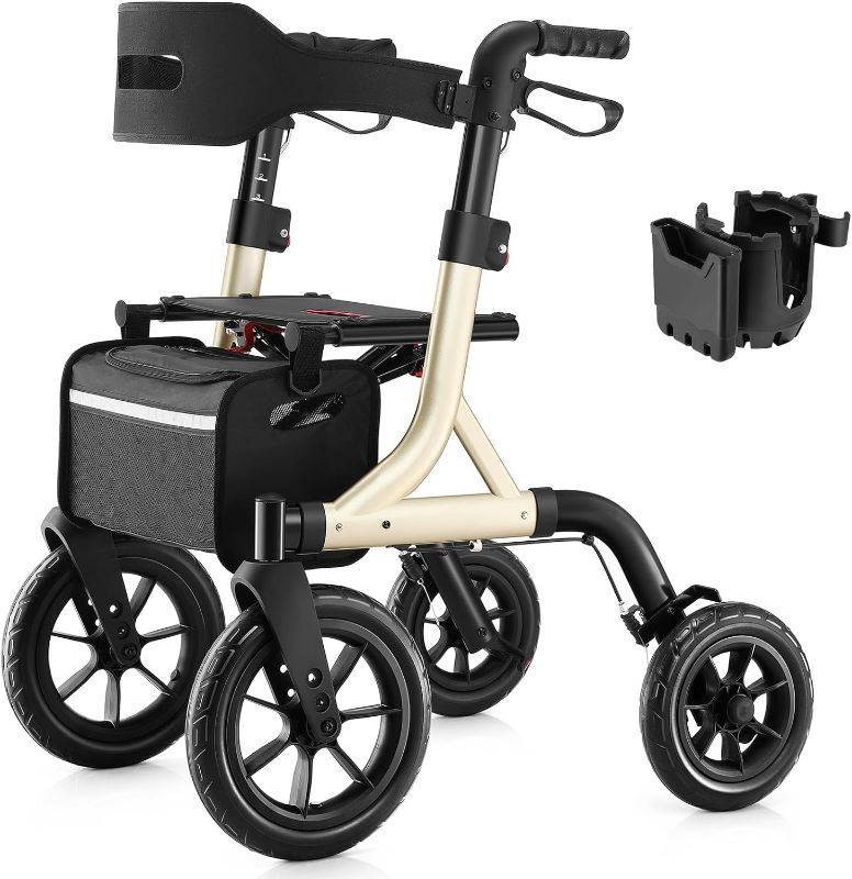 Photo 2 of 
MAXWALK Walkers for Seniors, Rollator Walker with Seat, 12" Big Rubber Wheels All Terrain Rollator Walker with Backrest, Built-in Cable, Cup Holder,...