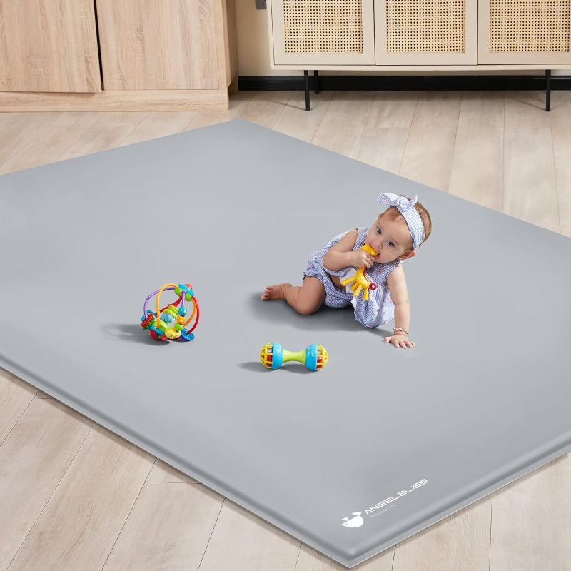 Photo 1 of ANGELBLISS Baby Playpen Mat, 79"x 63"x 1.18" Self-Inflating Play Mat for Babies and Toddlers, Roll Up & Waterproof Foam Crawling Mat for Floor, Portable Playmat for Babies with Travel Bag Grey