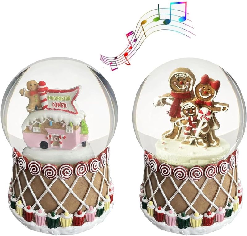 Photo 1 of Aobaks S/2 Christmas Snow Globe, 100mm Water Globe?Musical Gingerbread Man and Caddy House Snow Globes Collectible Figurines, Crystal Christmas Water Globe Resin Home Decor Figurines, Snowglobes https://a.co/d/iUEZus6