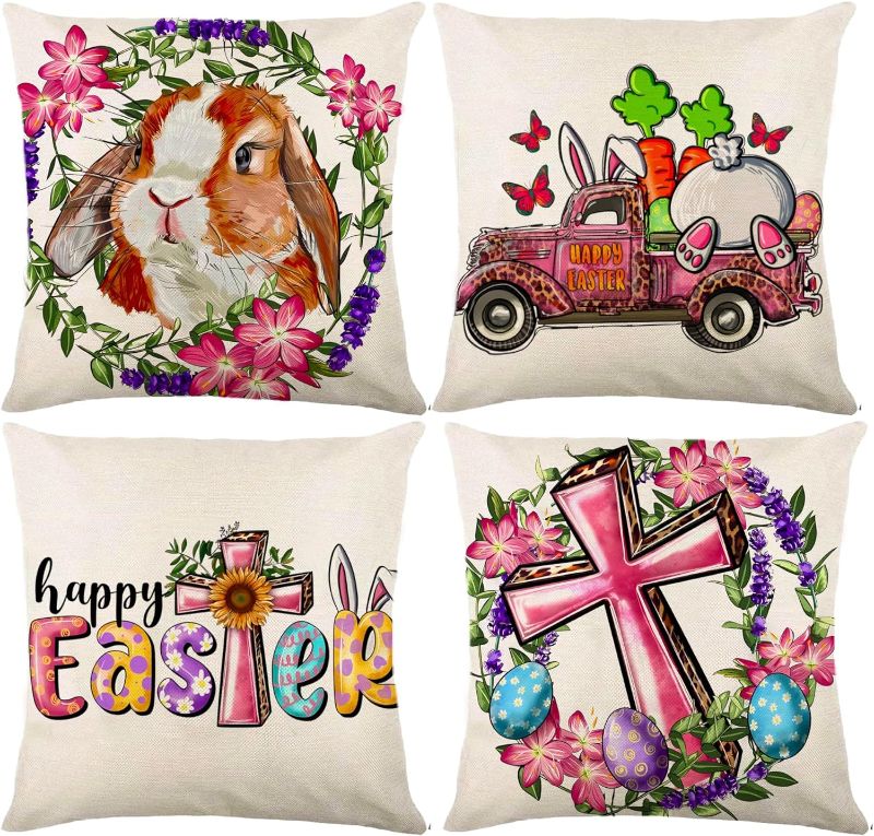 Photo 1 of ***4 PACK*** Easter Pillow Covers 18x18 Set of 4 Pink Rabbit Truck Carrot Eggs Throw Pillows Cases Spring Holiday Farmhouse Cushion Covers Square Linen Pillowcases Couch Decor for Living Room Home Outdoor