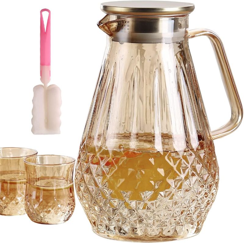 Photo 1 of  Borosilicate Glass Pitcher Set With Lid and 2 Cups, 68 oz Diamond Pattern, Stainless Steel Lid, Glass Kettle for Tea, Milk, Hot and Iced Beverages, Amber Color(2000 Milliliters) https://a.co/d/5xm8cpX