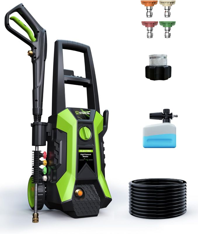 Photo 1 of Pressure Washer with Foam Cannon, Electric Pressure Washer 3500PSI 2.4 GPM with 4 Nozzels 22FT Power Cord and 22FT Hose Reel, Power Washer for Car, Patio Fence Pool Cleaning (Green)
