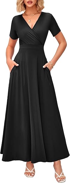 Photo 1 of  Women's Summer Maxi Dress Short Sleeves Wrap V Neck Long Dresses with Pockets - Medium