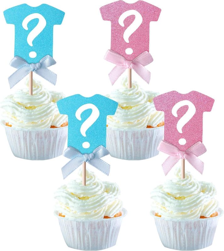 Photo 1 of 24 Pcs Gender Reveal Cupcake Toppers, Glitter Onesie Question Mark Cupcake Picks Boy or Girl, Baby Shower Cake Topper Decorations for Kids Birthday Party Cake Decorations Supplies Silver Blue Pink - 2pk