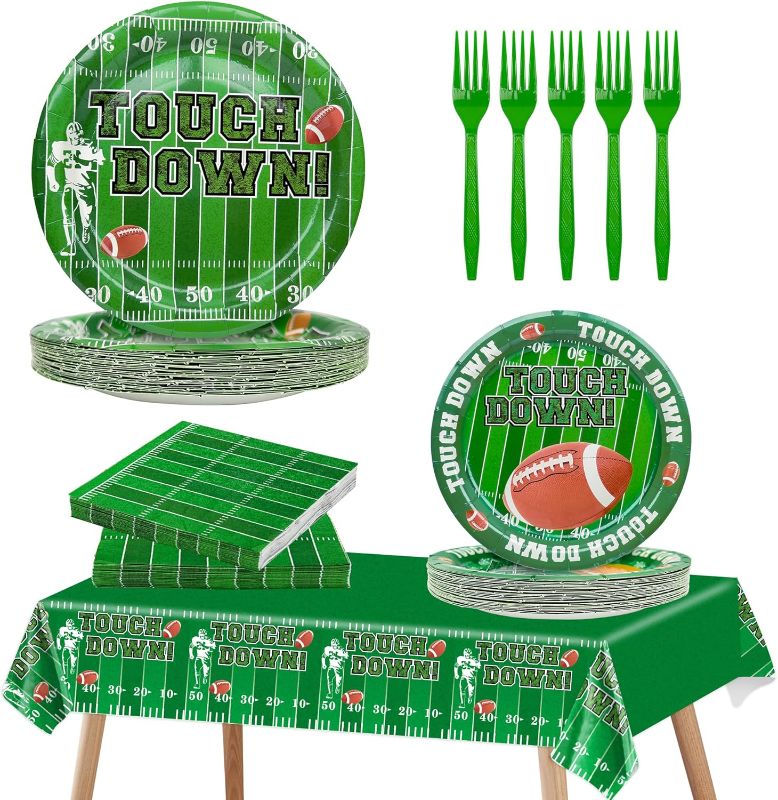 Photo 1 of 121PCS Super Bowl Football Party Supplies Set, Serves 30 Guests Including Football Paper Plates, Dessert Plates, Napkins, Forks, and Tablecloth, for Football Themed Party Decoration
