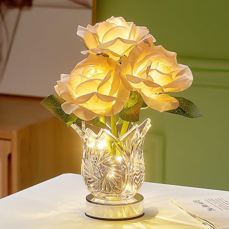 Photo 1 of Artificial Rose Lamp with Crystal Glass Vase, Rechargeable Cordless Lamp Touch Control Dimmable Table Lamp Night Light Flower Lamp for Home Bedroom Living Room Desktop Decor Gift
