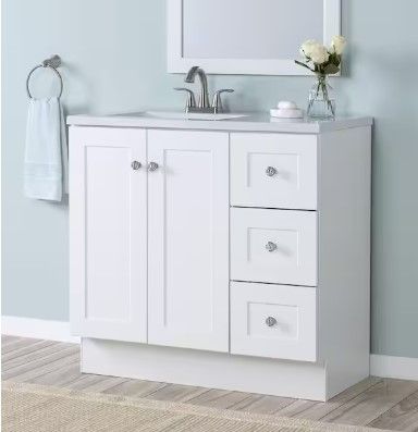 Photo 1 of 
Glacier Bay
Bannister 37 in. W x 19 in. D x 35 in. H Single Sink Freestanding Bath Vanity in White with White Cultured Marble Top