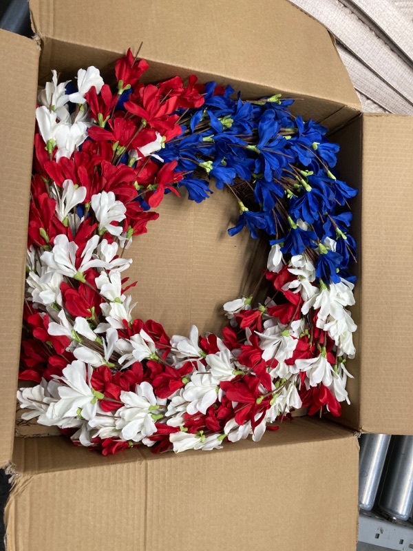 Photo 2 of 24 Inch Patriotic Wreath Summer Front Door Wreath 4th of July Forsythia Door for Memorial Day Americana Wreath Forsythia Flower Farmhouse Grapevine Wreath Blossom Cluster Christmas Décor