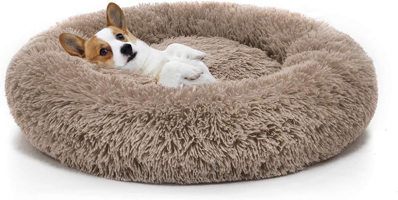 Photo 1 of Bed sure Calming Dog Bed for Medium Dogs - Donut Washable Medium Pet Bed, 30 inches Anti-Slip Round Fluffy Plush Faux Fur Cat Bed, Fits up to 45 lbs Pets, Came