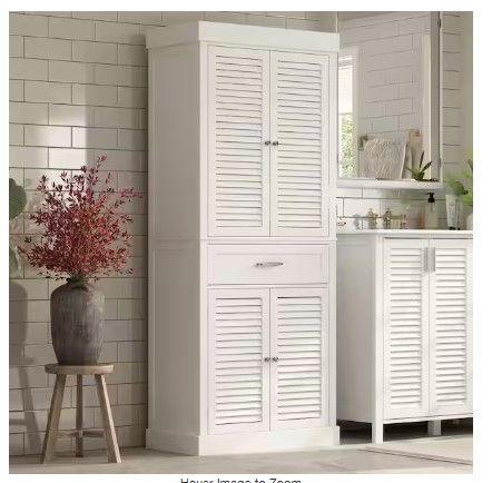 Photo 1 of 
30 in. W x 15.7 in. D x 71.6 in. H White Wood Freestanding Linen Cabinet Bath Cabinet with Louvered Doors and Drawer