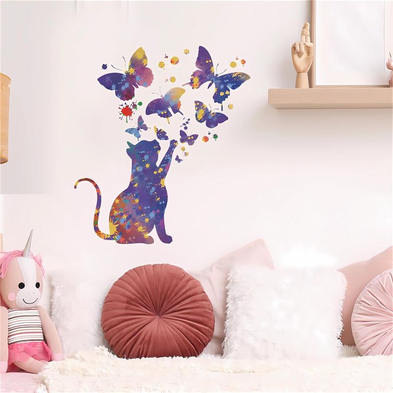 Photo 1 of (** EXAMPLE PHOTO **) 2 of Fantasy Starry Sky Cat Butterfly Wall Stickers,sacinora Cartoon Kitten Animal Wall Decals Removable Vinyl Peel and Stick for Living Room Nursery Children's Room Bedroom Art Decorations
