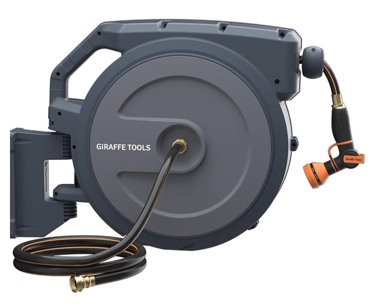 Photo 1 of Giraffe Tools AW40 Retractable Hose Reel 5/8" x 90 ft Wall Mounted Garden Hose Reel Heavy Duty, Automatic Rewind, 180 Deg Swivel, Any Length Lock, 9 Pattern Nozzle, 90ft, Dark Grey