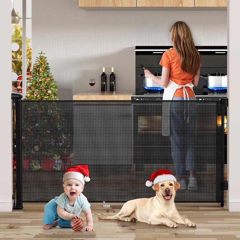 Photo 1 of 138 Inch Retractable Baby Gates Extra Wide, Uamector Mesh Baby Gate or Dog Gate,Toddler Pet Retractable Gate Adjustable Length for Large Openings Stairs Doorways Hallway Indoor Outdoor, Black