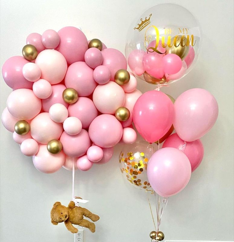 Photo 1 of Pink and Gold Confetti Balloons Set, 50pcs 12 inch Light Pink Baby Pink White Gold Party Balloons with Ribbons for Girl Birthday Wedding Baby Shower Bridal Shower Graduation Party Decoration
