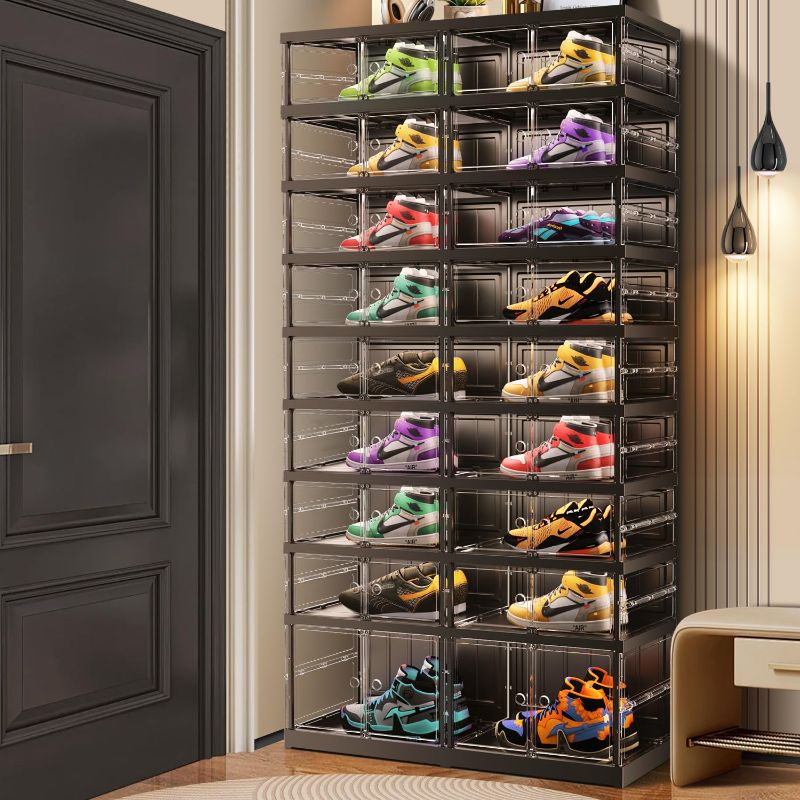 Photo 1 of 9-Tier Foldable Shoe Rack for Closet Entryway 18-36Pairs,Stackable Clear Shoe Storage Boxes Organizer with Door Plastic Shoe Cabinet Bins with Lids Shoes Shelf Easy Assembly Large Black 9 Tiers 36 Pairs Black