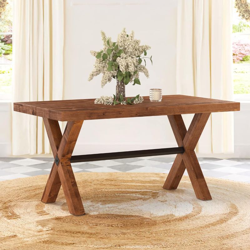 Photo 1 of ***ONLY THE BASE OF THE TABLE*** LUE BONA 59" Dining Table for 6-8 Solid Wood Farmhouse Kitchen Table with Natural Wood Grain for Home and Kitchen, Heavy Duty Rectangular Kitchen & Dining Table for Home and Dining Room Light Brown