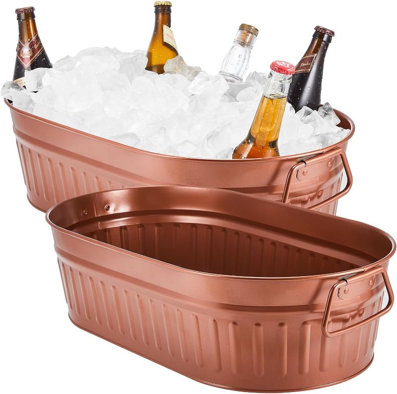 Photo 1 of 5.3Gallons Galvanized Beverage Tub Galvanized Bucket Metal Ice and Drink Bucket with Handles Galvanized Tub for Parties Farmhouse Home Pool Bar(Bronze, 2 Pcs)
