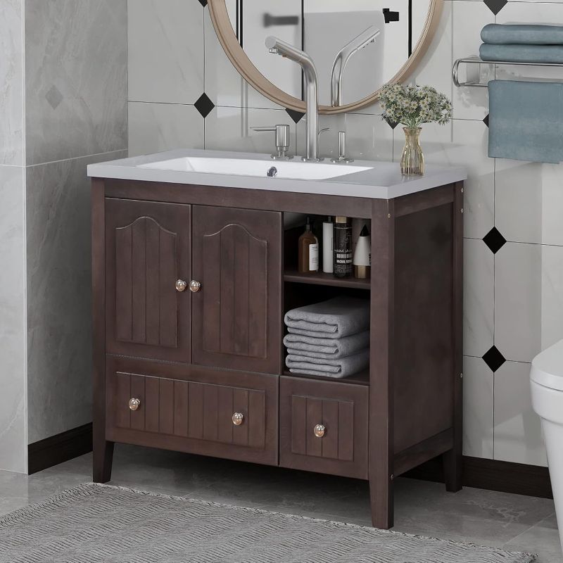 Photo 1 of 36" Bathroom Vanity with Single Sink, Modern Undermount Bathroom Sink Cabinet with Doors & Drawers, Wooden Bathroom Vanity and Sink Combo for Bathroom grey