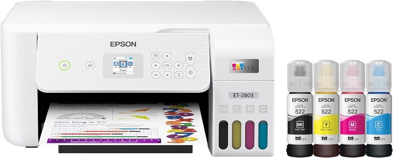 Photo 1 of **MAJOR DAMAGE ** Epson EcoTank ET-2803 Wireless Color All-in-One Cartridge-Free Supertank Printer with Scan, Copy and AirPrint Support