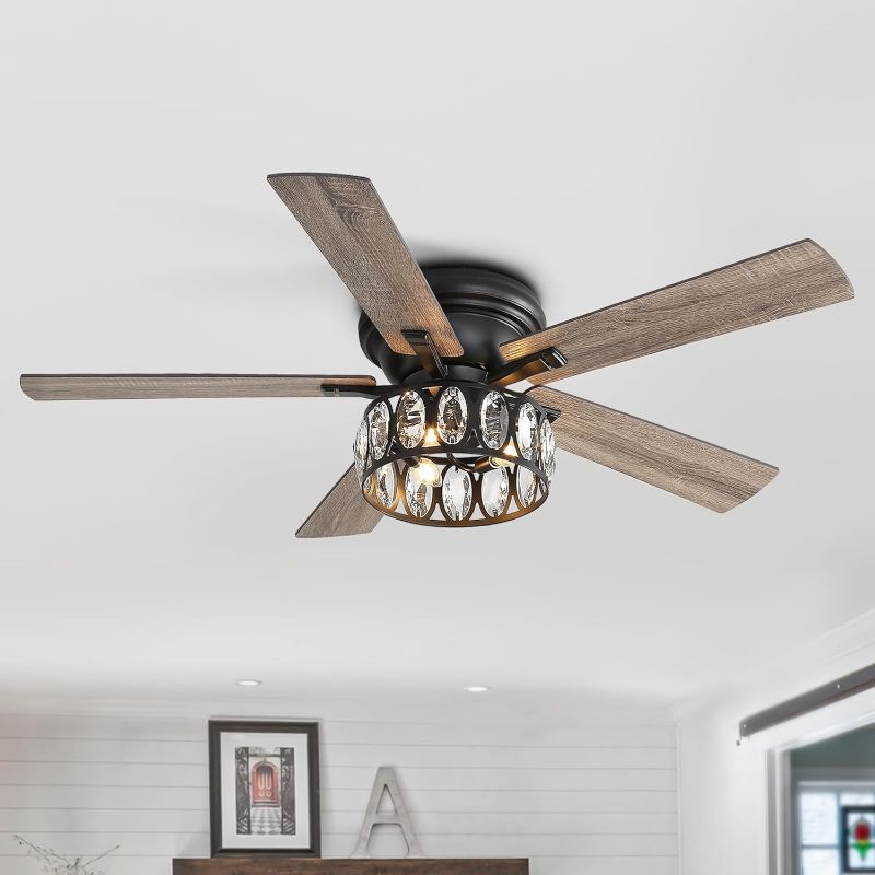 Photo 1 of Breezary 52 inch Flush Mount Black Ceiling Fans with Light Remote Control, 5 Reversible Blade Farmhouse Low Profile Ceiling Fan with Crystal Lighting Chandelier for Bedroom https://a.co/d/7LPxWSp