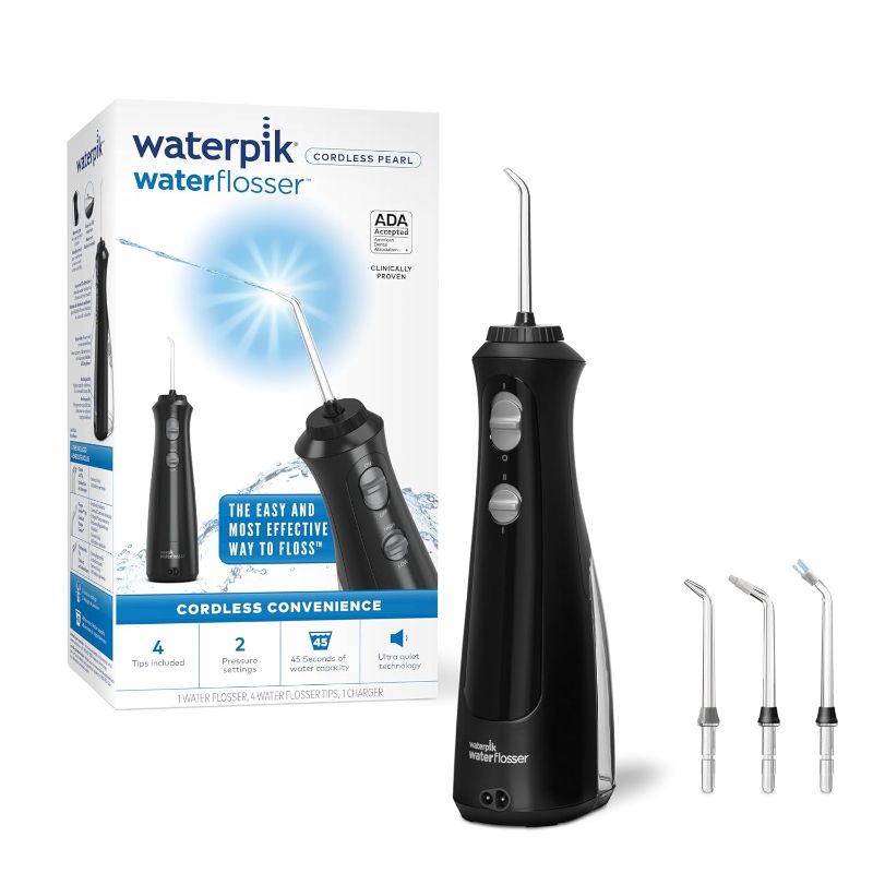 Photo 1 of Waterpik Cordless Pearl Water Flosser Rechargeable Portable Water Flosser for Teeth, Gums, Braces Care and Travel with 4 Flossing Tips, ADA Accepted, WF-13 Black https://a.co/d/8thc7rg