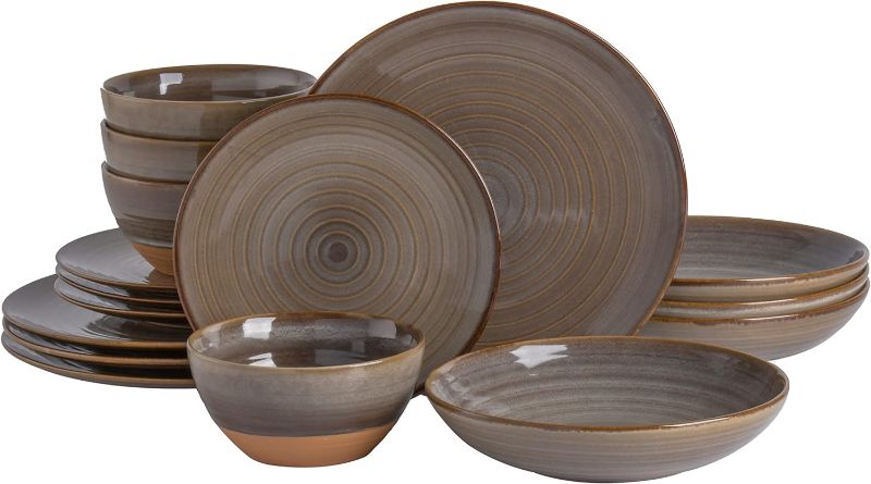 Photo 1 of Gibson Elite 16 Piece Dreamweaver Double Bowl Terracotta Reactive Dinnerware Set - Earthy Brown, Service for 4 (16pcs) https://a.co/d/fpyQbTu