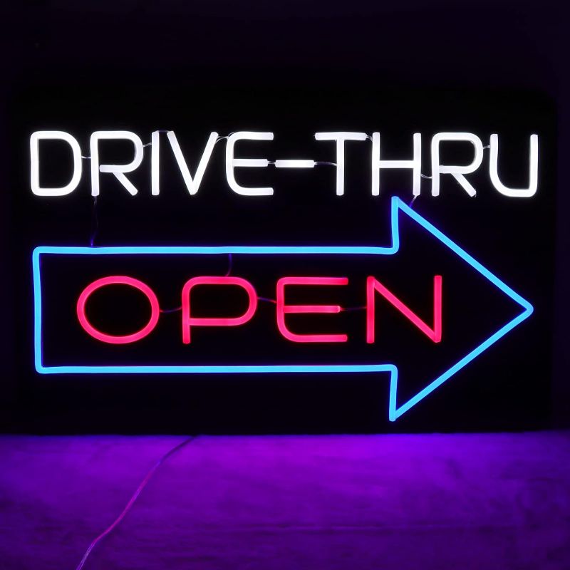 Photo 1 of  Large Drive Thru Open Neon Signs for Wall Decor Neon Lights for Bedroom Led Signs Suitable for Drive Thru Open Office Man Cave Bar Christmas 12V Power Adapter, 23.2*15Inch