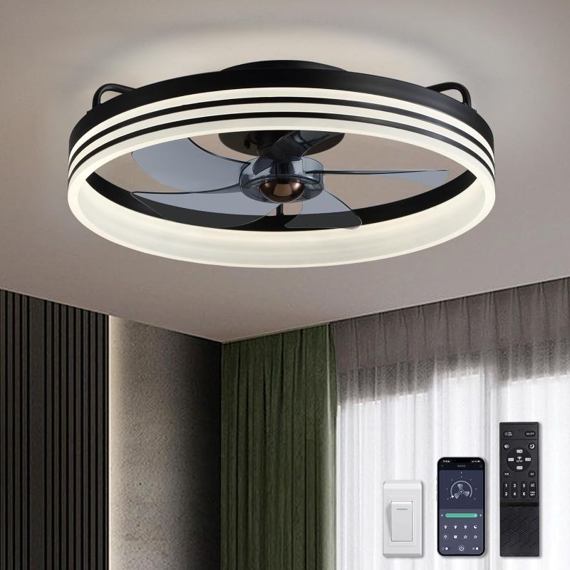 Photo 1 of Ceiling Fans with Lights, Flush Mount Ceiling Fan with Lights and Remote, 6 Wind Speeds Smart Low Profile Ceiling Fan for Bedroom, Kids Room and Living Room 20" (White)