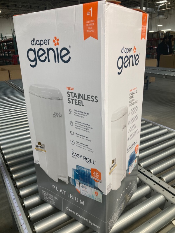 Photo 8 of Diaper Genie Platinum Pail (Lilly White) is Made of Durable Stainless Steel and Includes 1 Easy Roll Refill with 18 Bags That can Last up to 5 Months.