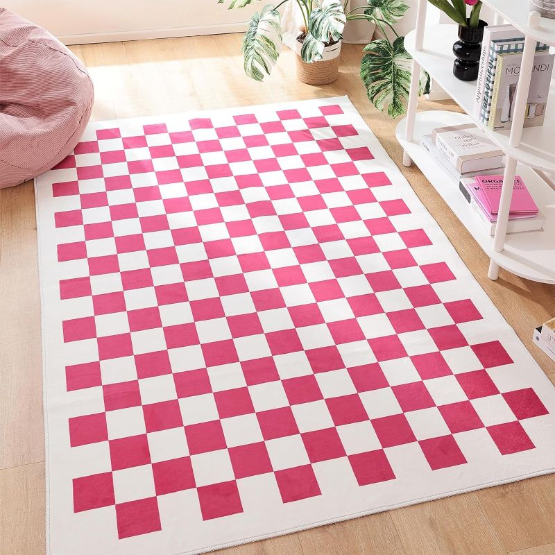 Photo 1 of  Xlarge TRUEDAYS 2x6 Washable Modern Runner Rug with Non Slip Backing - Boho Pink Checkered Area Rug Checkerboard Rug - 6ft X 9ft