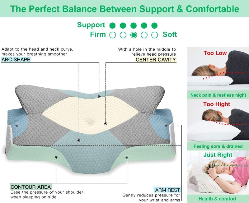 Photo 3 of Elviros Cervical Memory Foam Pillows for Neck and Shoulder Pain, Ergonomic Orthopedic Sleeping Neck Contoured Support Pillow for Side , Back and Stomach Sleepers (Grey)
