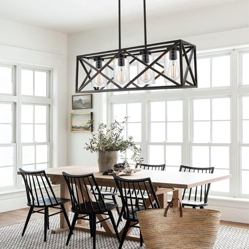 Photo 2 of 4-Lights Black Farmhouse Rectangle Chandelier Dining Room Light Fixtures, 30.4-Inches Length Contemporary Kitchen Island Pendant Lighting with Seeded Glass Lampshades