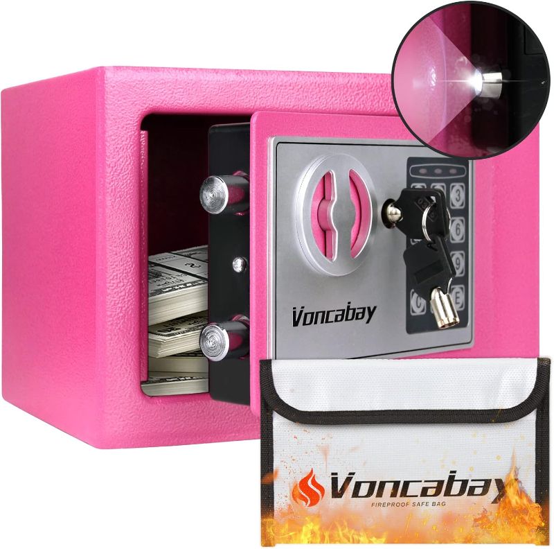 Photo 1 of Cute Money Safe Box for Home with Sensor Light & Fireproof Money Bag for Cash Safe, Security Safe Box for Money Safe with Keys & Pass Code, Lock Box Fireproof Pink Safe with Digital Keypad