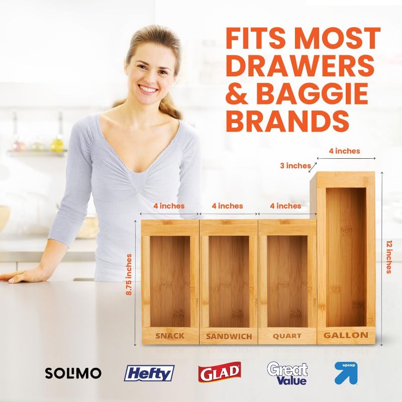 Photo 1 of Bag Storage Organizer - Bamboo Food Plastic Baggie Holder, Dispenser, and Container for Kitchen Drawer - Fits Major Brand's Gallon, Quart, Sandwich & Snack Sized Slider Bags (Natural)