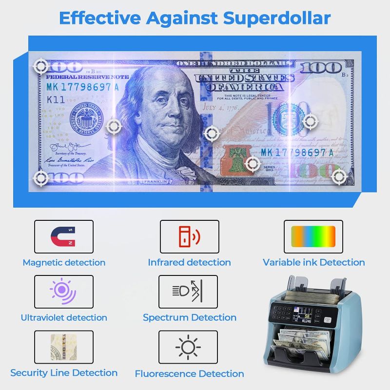 Photo 3 of MUNBYN IMC05 Money Counter Machine, Count Value of Bills, UV/IR/MG/DD Detection, Add with Batch Mode Cash Counting Machine, Vertical Design Prevent Fly Bills, LCD Display, 1200 Bills/Min Speed