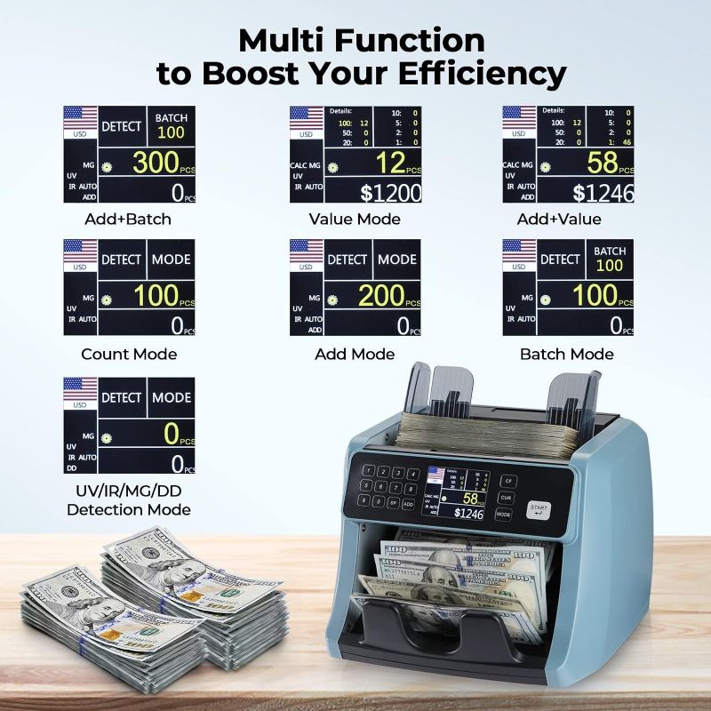 Photo 2 of MUNBYN IMC05 Money Counter Machine, Count Value of Bills, UV/IR/MG/DD Detection, Add with Batch Mode Cash Counting Machine, Vertical Design Prevent Fly Bills, LCD Display, 1200 Bills/Min Speed