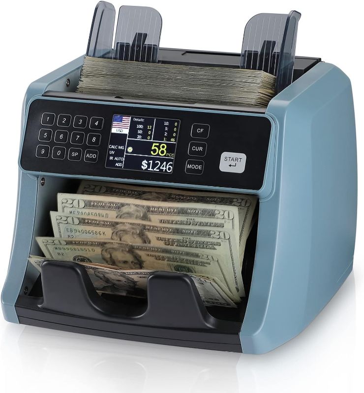 Photo 1 of MUNBYN IMC05 Money Counter Machine, Count Value of Bills, UV/IR/MG/DD Detection, Add with Batch Mode Cash Counting Machine, Vertical Design Prevent Fly Bills, LCD Display, 1200 Bills/Min Speed