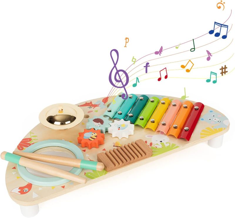 Photo 1 of Baby Toys Musical Instruments, Rundad All-in-one Wooden Montessori Musical Set for 1&2Y (Includes Xylophone Drum Cymbal Guiro Gears), Gifts for 1+ Year Old Girl Preschool