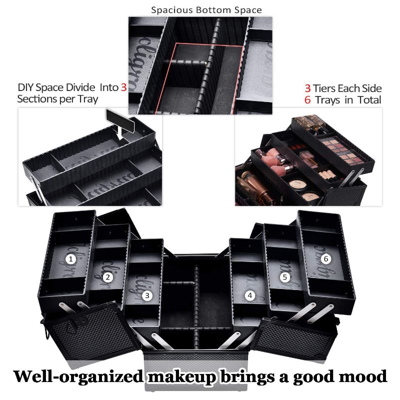 Photo 2 of Joligrace Makeup Train Case Professional Adjustable - 6 Trays Cosmetic Cases Makeup Storage Organizer Box with Lock and Compartments 14 Inch Large Black
