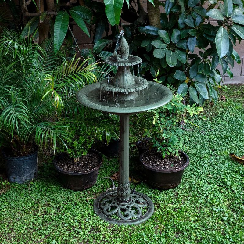 Photo 1 of Alpine Corporation TEC104 Outdoor Floor 3-Tiered Pedestal Soothing Cascading Waterfall Fountain with Birdbath, 40", Green