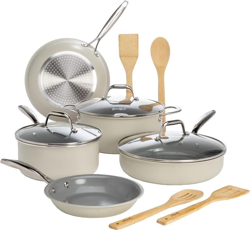 Photo 1 of *NOT FULL SET* Goodful Ceramic Nonstick Pots and Pans Set, Titanium-Reinforced Premium Nonstick Coating, Dishwasher Safe Pots and Pans, Tempered Glass Steam Vented Lids, Stainless Steel Handles, 12-Piece, Cream