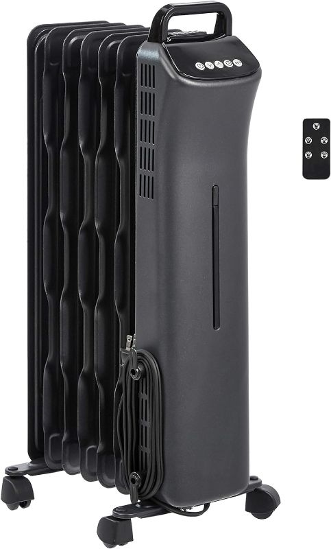 Photo 1 of Amazon Basics Portable Digital Radiator Heater with 7 Wavy Fins and Remote Control, Black, 1500W, 9.8 x 26.5 x 13.1 in