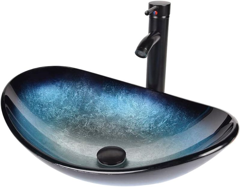 Photo 1 of Boat Shape Bathroom Artistic Glass Vessel Sink Free Oil Rubbed Bronze Faucet and Pop-up Drain,Blue